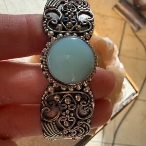 925 BA Bali Sterling Silver Blue-Green Chalcedony Cuff Bracelet